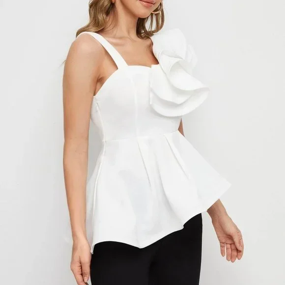 White Boho Womens Asymmetrical Neck Ruffle Trim Peplum Top - Picture 3 of 5